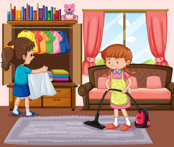 Duktig flicka rengöring vardagsrum — Stock vektor