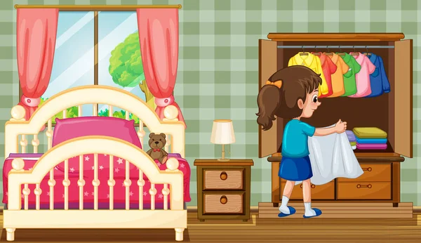 Дівчина в спальні з шафою — стоковий вектор