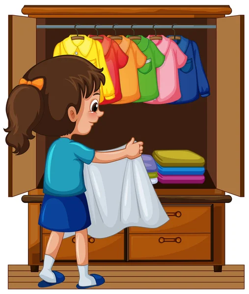 Girl putting away clothes in closet — Stock Vector