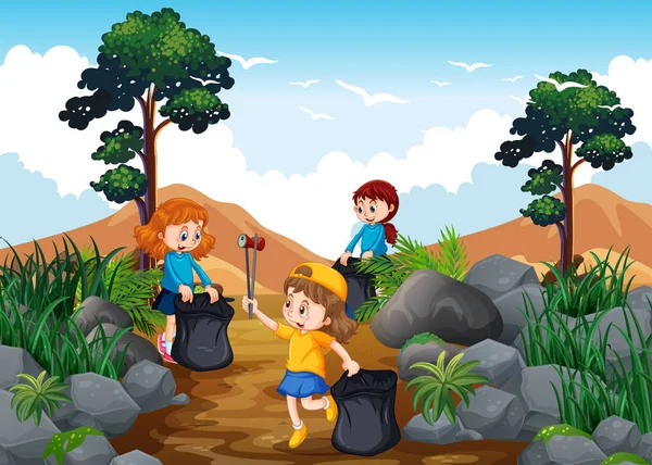 Děti čištění trekkingová trasa — Stockový vektor