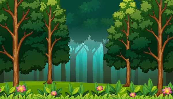 Floresta escura com árvores grandes Paisagem — Vetor de Stock