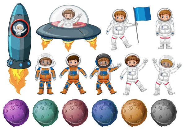 Kinderen in kostuum astronaut en verschillende planeten — Stockvector