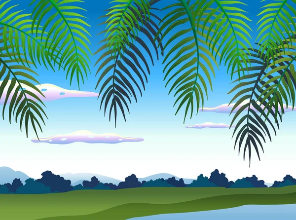 Hermoso paisaje natural bajo el árbol — Vector de stock