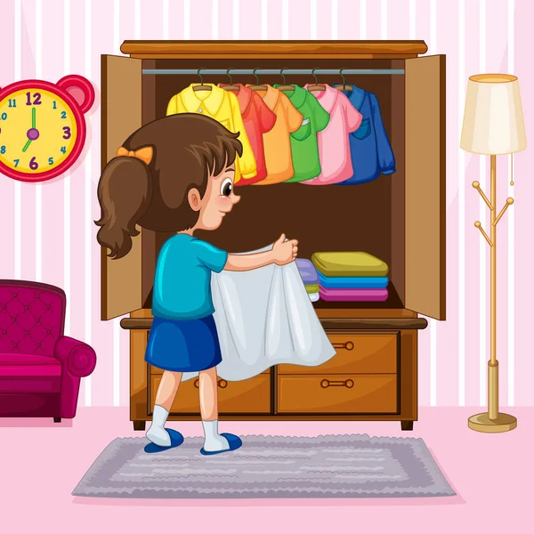 A Girl Folding Cloth in Wardrobe — Stock Vector