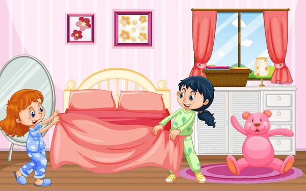 Meninas em pijama Fazendo cama — Vetor de Stock