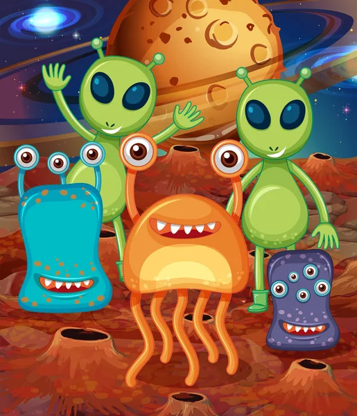 Alien com amigos em Marte — Vetor de Stock