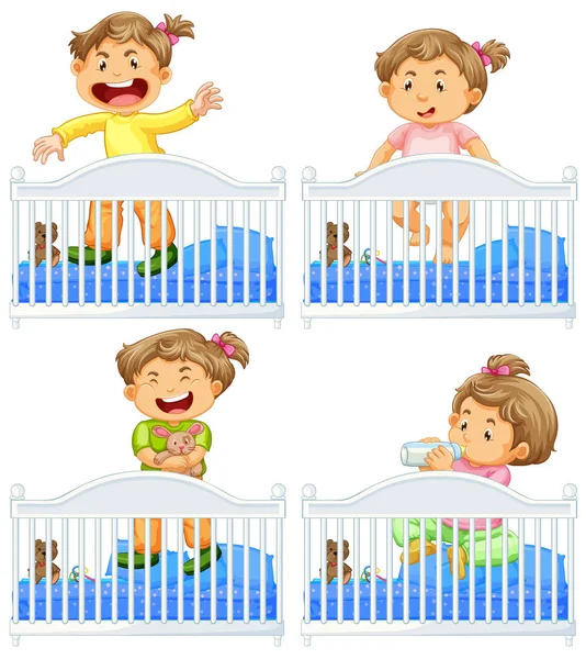 Bebés en cuna sobre fondo blanco — Vector de stock