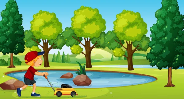 A Boy Gardening with Lawn Mower — Stock Vector