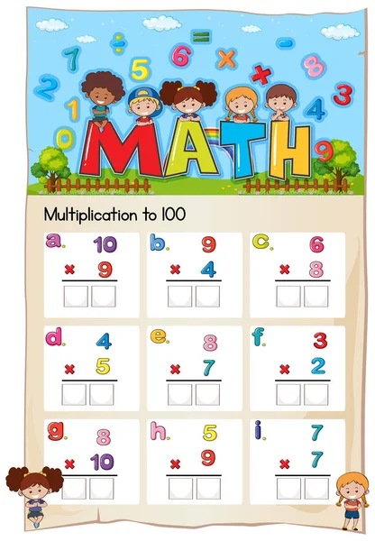 Matematik kalkylblad för multiplikation till hundra — Stock vektor