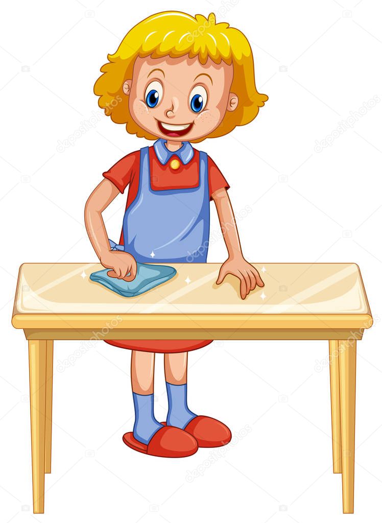 A Lady Cleaning Table on White Background