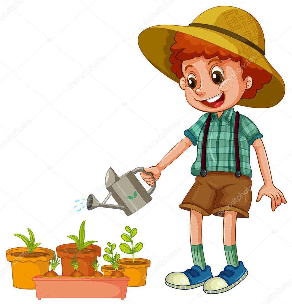 Fotos: niños regando plantas | Un niño de regar las plantas — Vector de