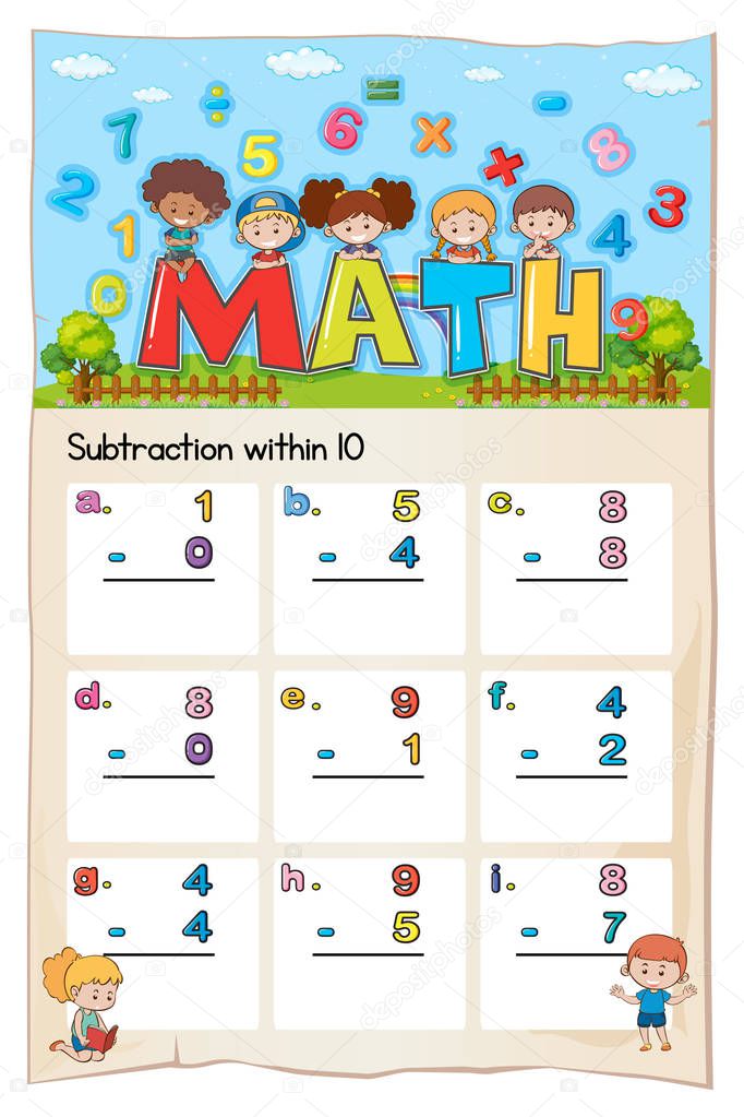 Math worksheet for subtraction within ten