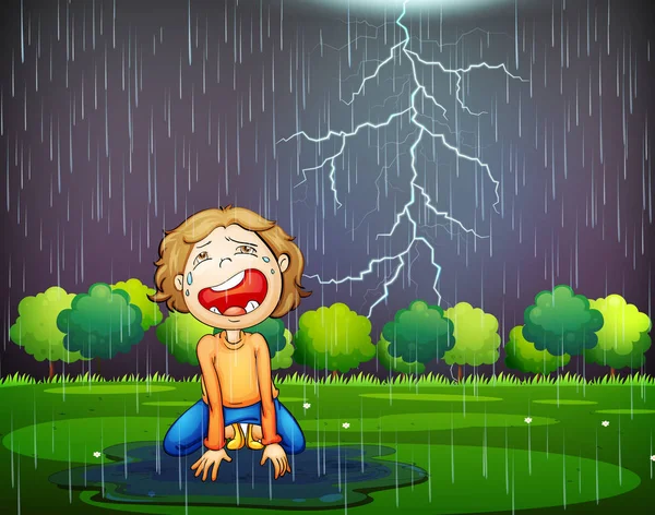 Un niño llorando perdido en la lluvia del bosque — Vector de stock