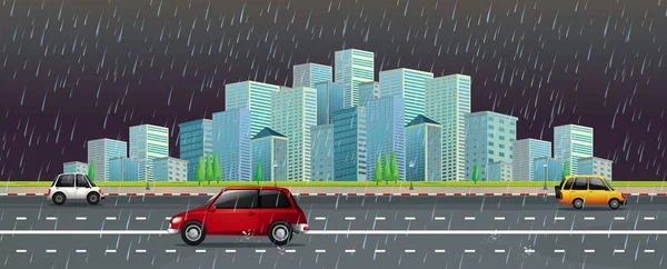 Escena de la ciudad bajo la lluvia por la noche — Vector de stock