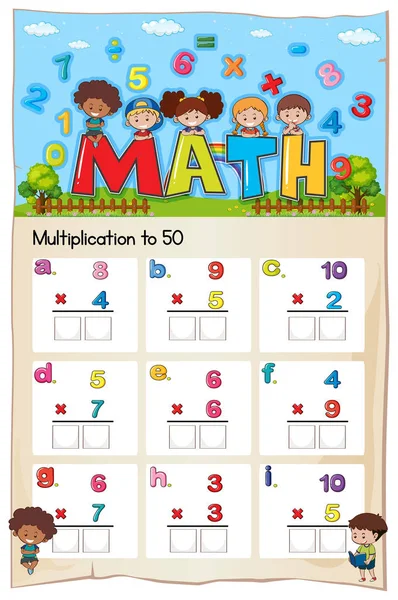 Hoja de trabajo de multiplicación matemática para el estudiante — Vector de stock