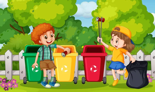 Kinderen verzamelen van vuilnis in tuin — Stockvector