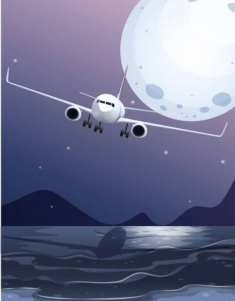 Ένα αεροπλάνο πετώντας πάνω από τη θάλασσα στο Full Moon — Διανυσματικό Αρχείο