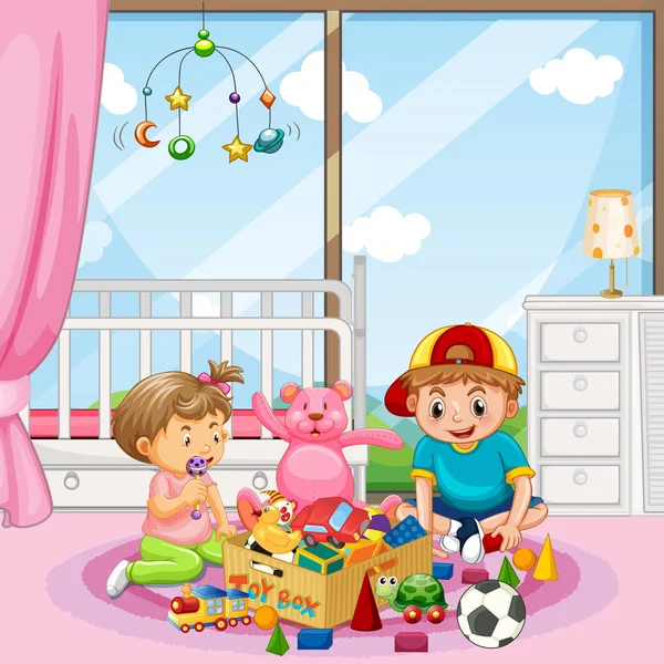 Hermano y hermana jugando juguetes — Vector de stock