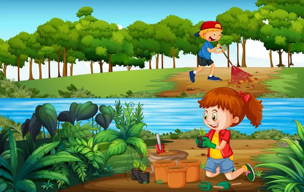 Jardinería de niños y niñas en el bosque — Vector de stock