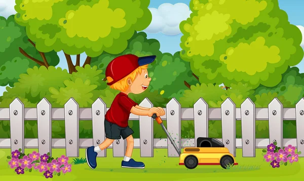 A Boy Cutting Grass with Lawn Mower — Stock Vector