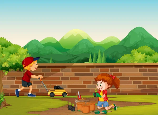 Хлопчик і дівчинка озеленення на подвір'ї — стоковий вектор