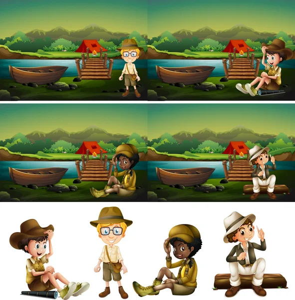 Boy Scout Camping en el bosque — Vector de stock