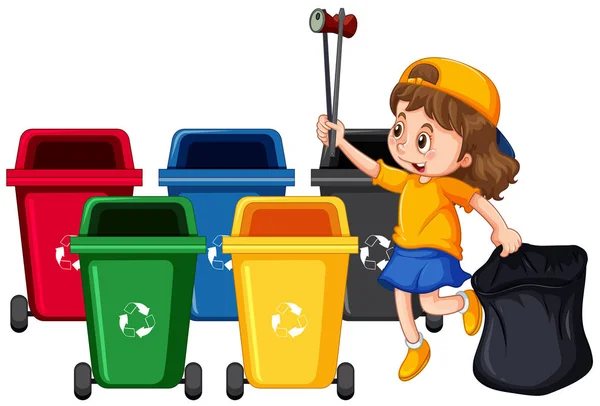 Menina coletando lixo e limpeza — Vetor de Stock