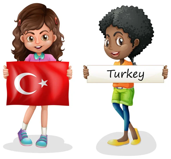 Dwie dziewczyny i flaga Turcji — Wektor stockowy