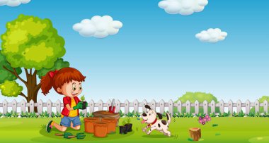 Bir kız köpekle Garden dikim