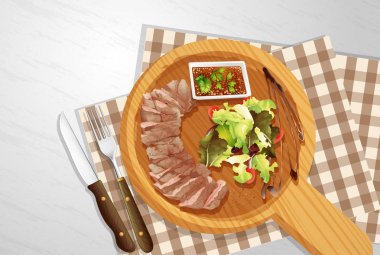 Steak and Salad on Wooden Board vector Steak and Salad on Wooden Board vector