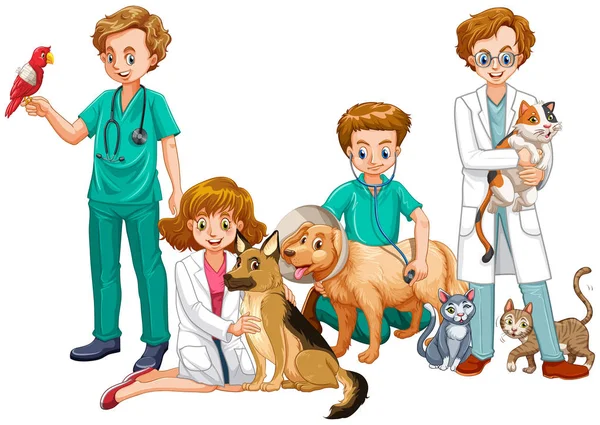 Kediler ve köpekler hayvan hastalıklarıyla ilgili doktorlarla — Stok Vektör