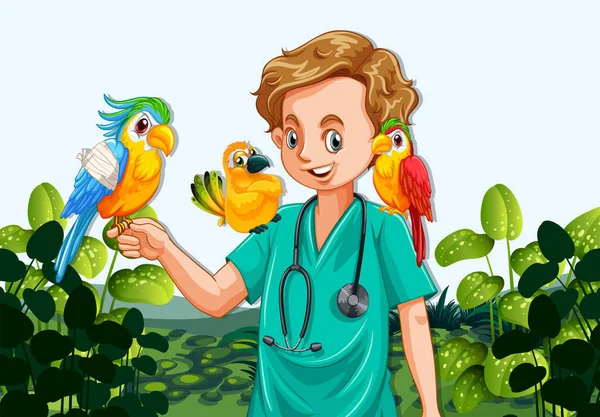 A Male Veterinarian Nurse and Parrots — Stock Vector