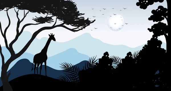 Silhouette Giraffe and Forest Scene — Stock Vector