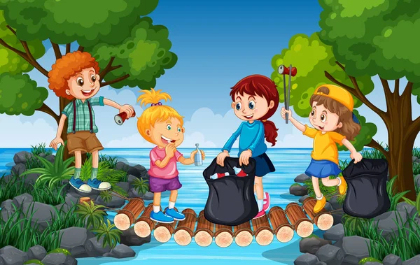 Una niña y un niño mirando la planta con una lupa Imagen Vectorial de