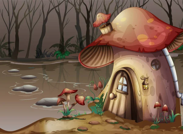 Mushroom House al lado de Swamp — Vector de stock