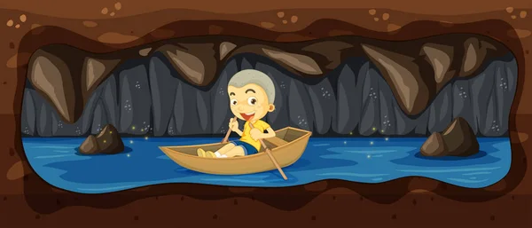 En unge som rider en båt i floden grottan — Stock vektor
