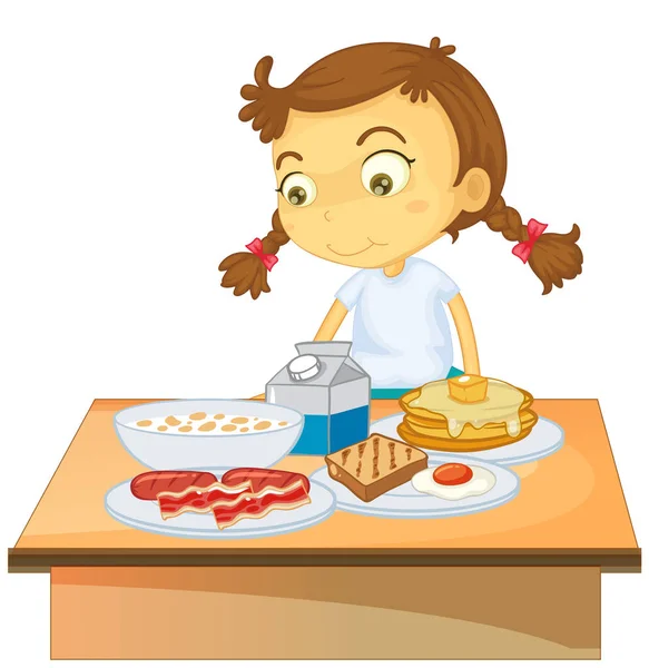 Una chica comiendo el desayuno sobre fondo blanco — Vector de stock