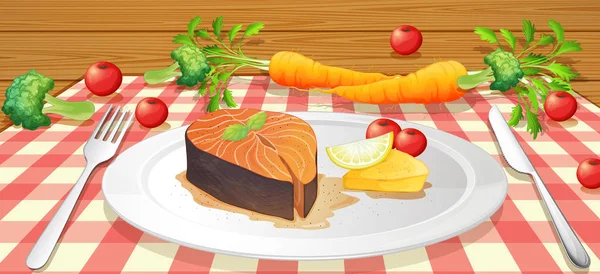 Zalm spel met vers fruit — Stockvector