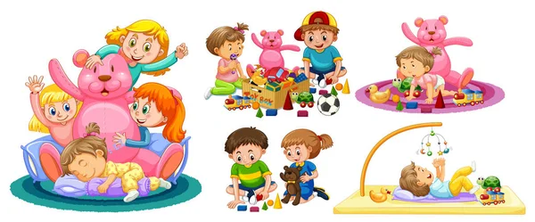 Kids Playing with Toys on White Background — Stock Vector