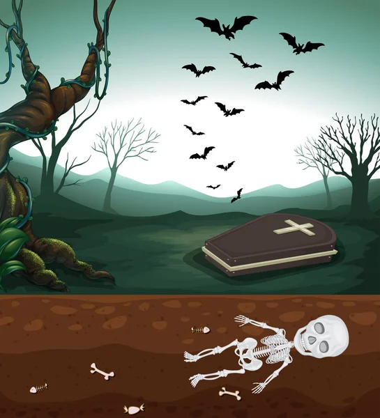 A Scary Graveyard and Skeleton — Stock Vector
