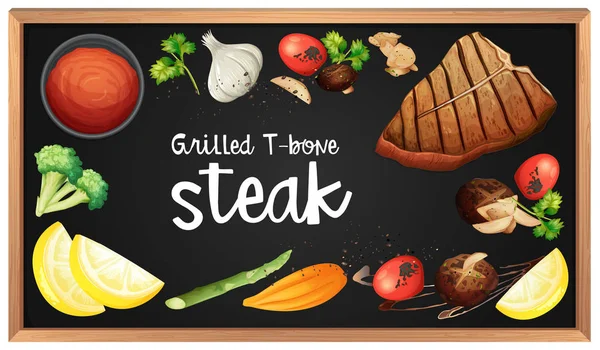 Menu et élément de steak sur tableau noir — Image vectorielle