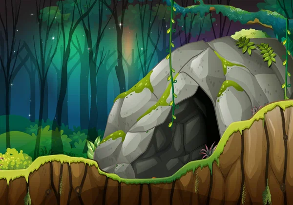 Stone Cave in het donker bos — Stockvector