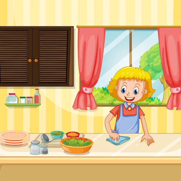 Madre che pulisce e prepara il cibo in cucina — Vettoriale Stock