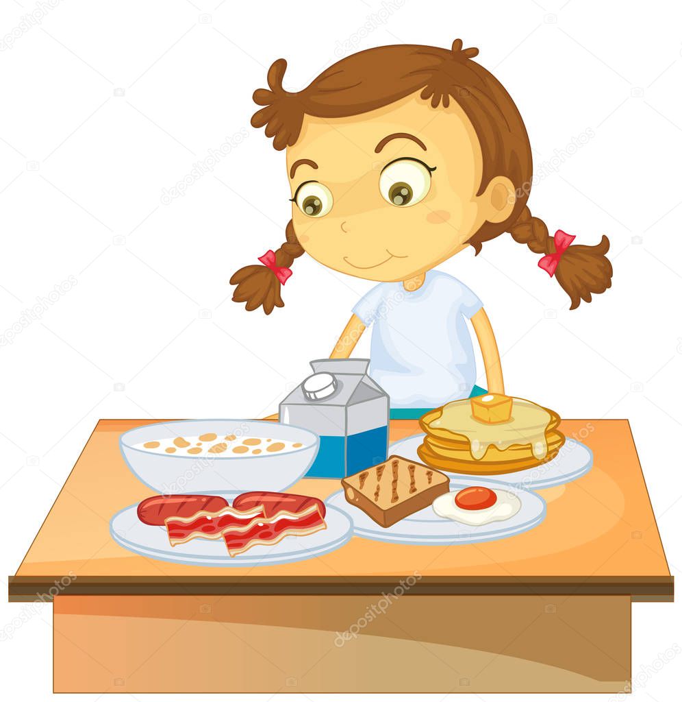 A Girl Eating Breakfast on White Background