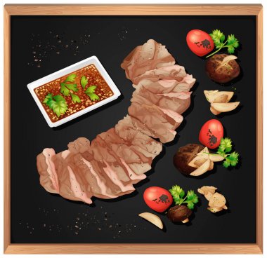 Steak and Spicy Sauce on Blackboard vector Steak and Spicy Sauce on Blackboard vector