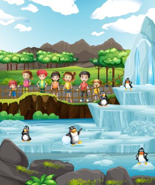 Scene with animals and kids at the zoo
