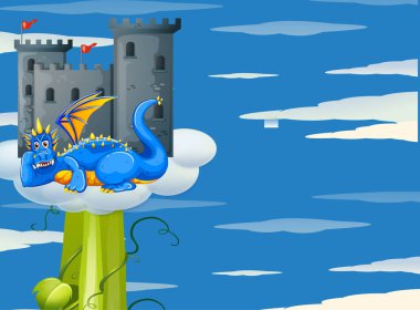 Blue dragon and castle on giant beanstalk