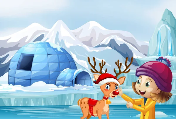 Scène de Noël avec rennes et fille — Image vectorielle