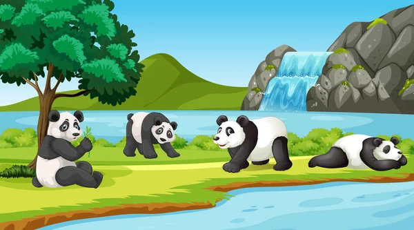 Escena con pandas lindos en el parque — Vector de stock