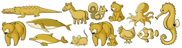 Conjunto de muchos animales en amarillo — Vector de stock
